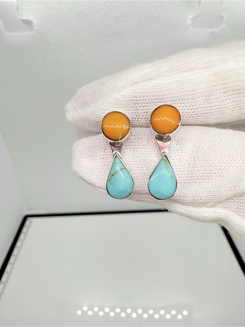 Native American Sterling Silver Teardrop Turquoise & Orange Coral Drop Earrings - Picture 7 of 12